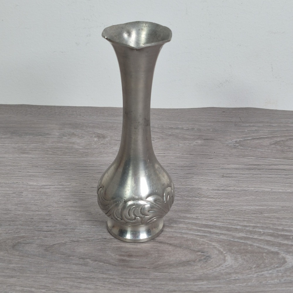Vintage BFM German 95% Tin Bud Vase Embossed Scroll Bulb Base Scallop Edge